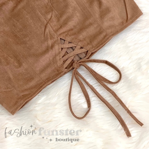 Boho 1960s 1970s Style Faux Tan Brown Suede Leather Festival Halter Tie Crop Top - Picture 5 of 9